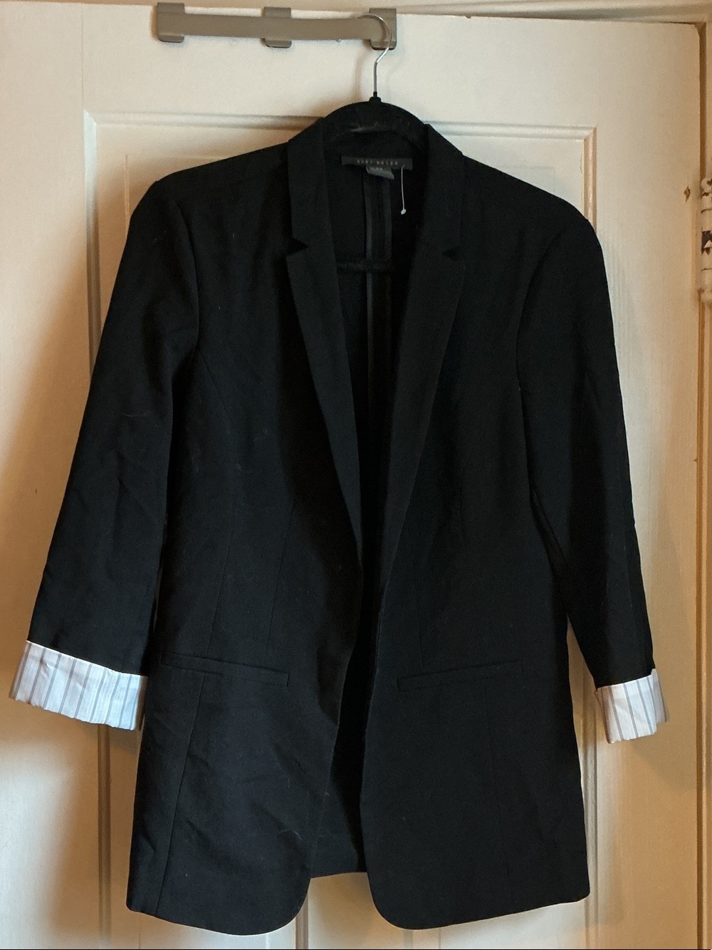Suzy Shier Black Blazer with Rolled Pinstripe Cuffs
